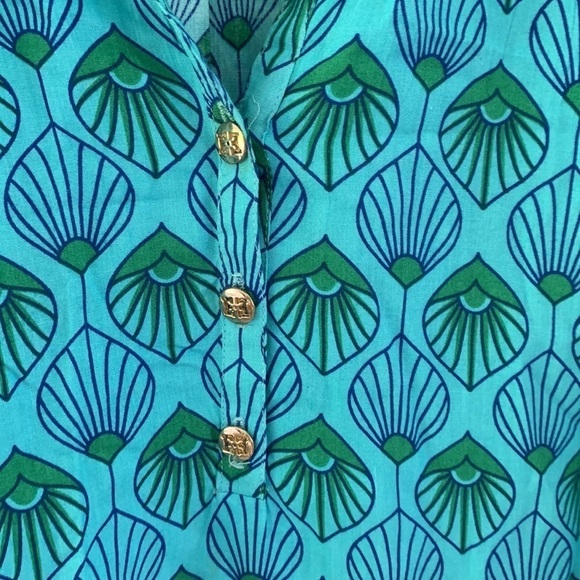 Escapada blue teal top blouse printed size Small peacock print smocked neck - Picture 7 of 14